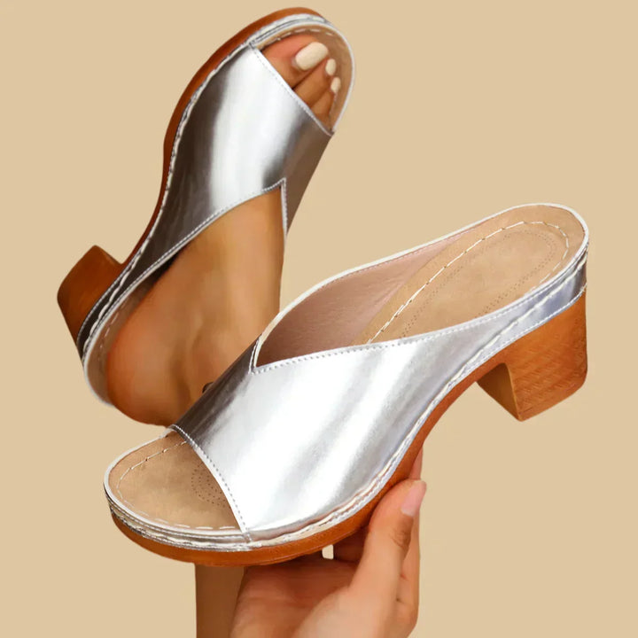Gold women's orthopedic flat sandals, perfect for summer walking & daily comfort. Supportive slip-on style.