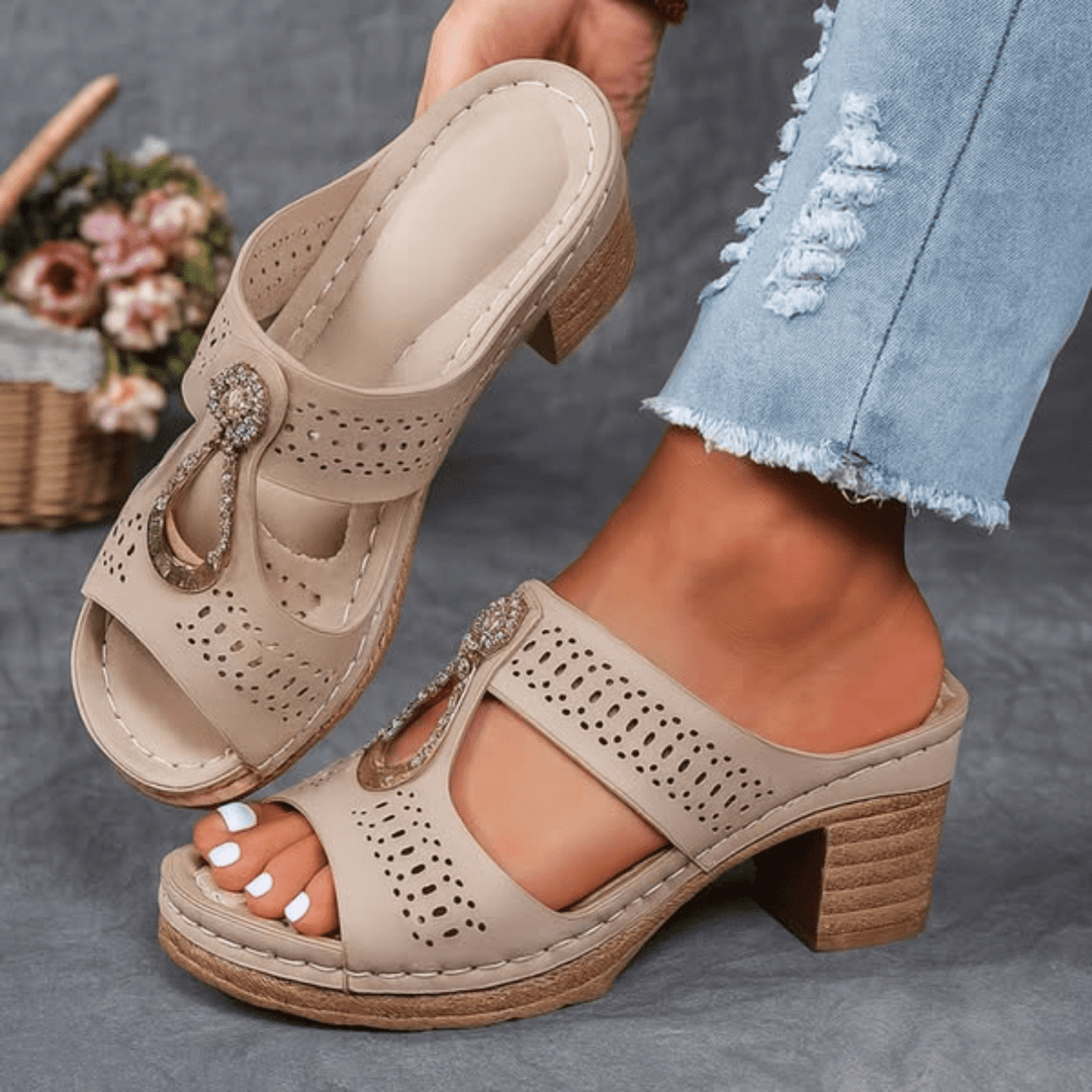 Comfortable, supportive women's orthopedic heeled sandals for all-day summer walking.
