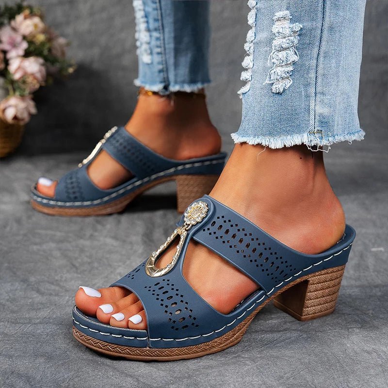 Breathable women's orthopedic heeled sandals, designed for comfortable, supportive wear.