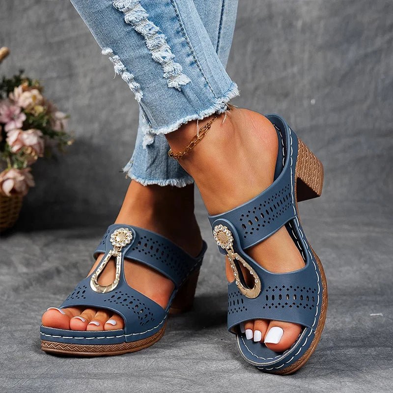 Supportive orthopedic heeled sandals for women, ensuring comfort during summer walks.