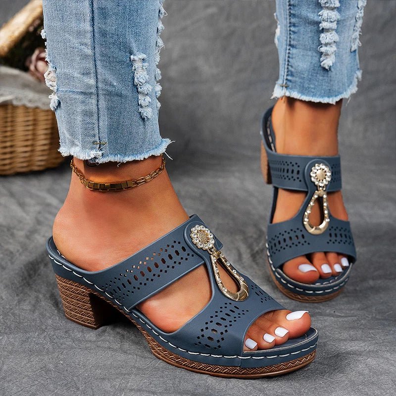Women's heeled sandals with orthopedic design for comfortable, supportive summer footwear.