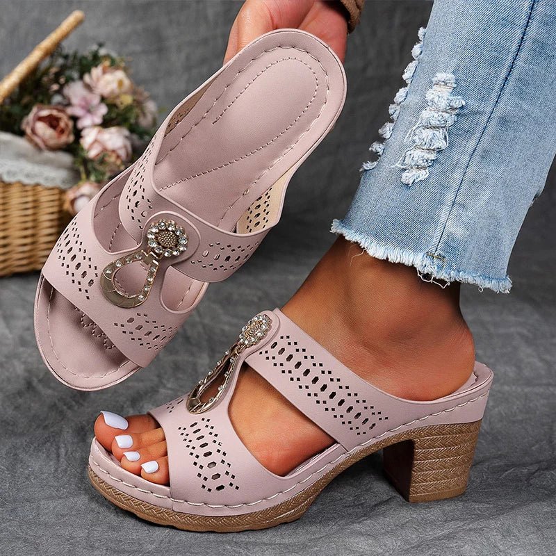 Elegant orthopedic heeled sandals for women, offering breathable comfort & support.