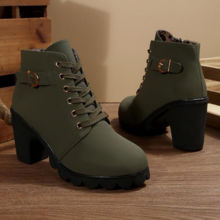Chic women's lace-up ankle boots with block heel. Orthopedic design ensures comfort for fall and winter fashion.