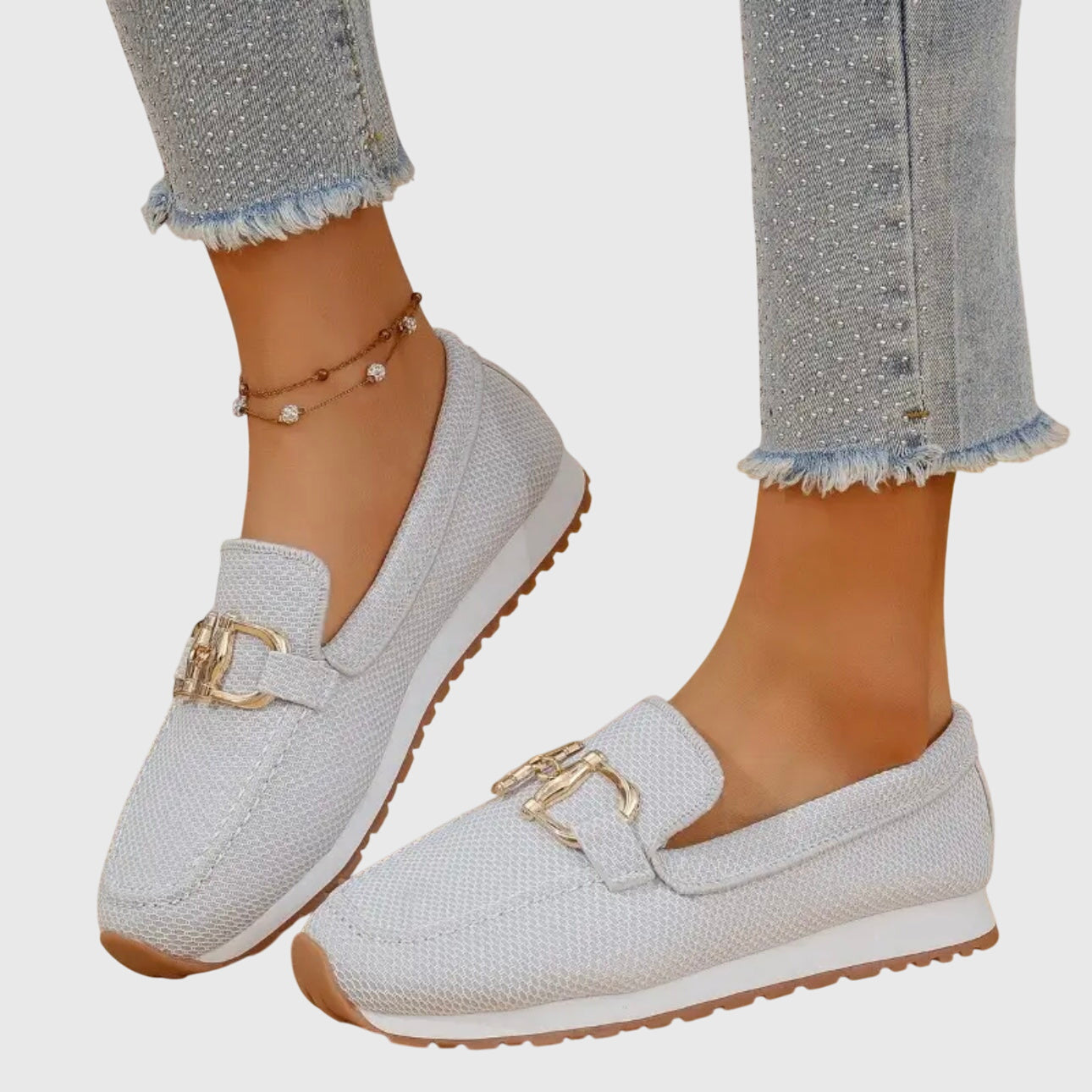 Casual elegant women's orthopedic loafers. Beige slip-on sneakers for all-day comfort & support.
