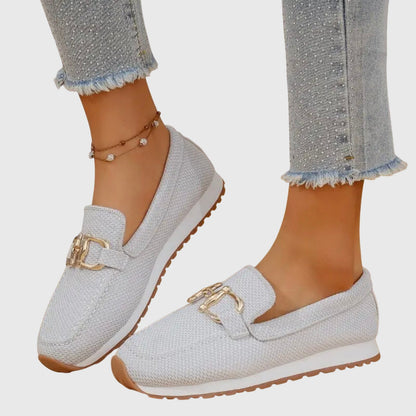 Casual elegant women's orthopedic loafers. Beige slip-on sneakers for all-day comfort & support.