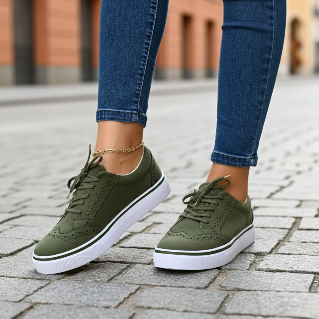 Green women's orthopedic sneakers, comfortable & supportive low-top casual footwear for all-day wear.
