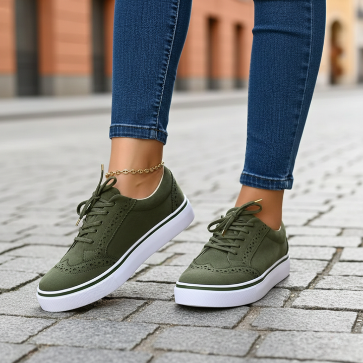 Green women's orthopedic sneakers, comfortable & supportive low-top casual footwear for all-day wear.