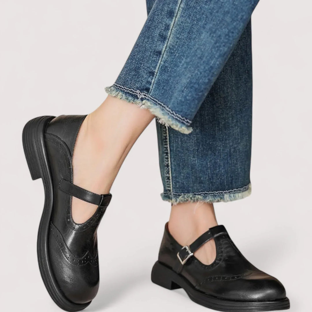 Pair of women's Mary Jane walking shoes, featuring orthopedic comfort design and supportive arch.