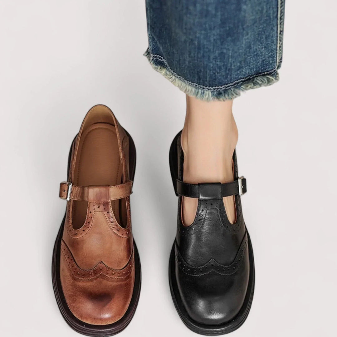 Close-up of women's Mary Jane comfort shoes, highlighting orthopedic features and arch support.