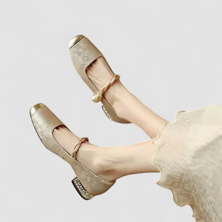 Front view: Women's orthopedic Mary Jane shoes, low block heel, buckled strap, comfortable & stylish.