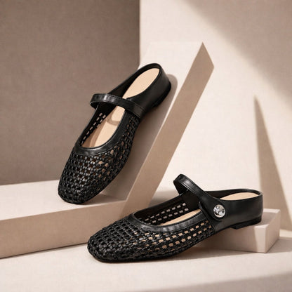 Women's orthopedic walking mule flats, offering comfortable arch support for everyday steps.