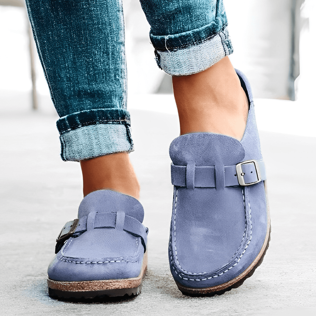 Healthy foot support with stylish women's orthopedic mules, perfect slip-on comfort shoes.