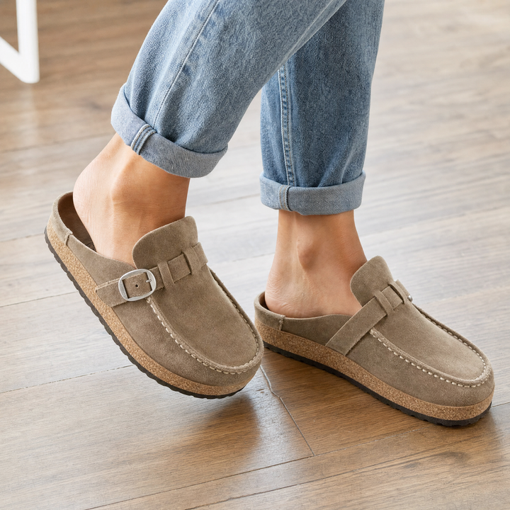 Stylish women's slip-on backless mules, perfect for casual wear with orthopedic foot support.