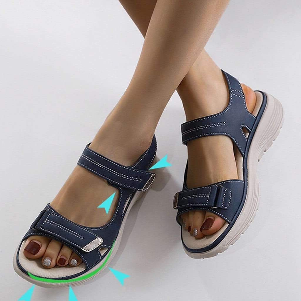 Side view of women's platform comfort sandals with adjustable straps, great for summer and wide fit.