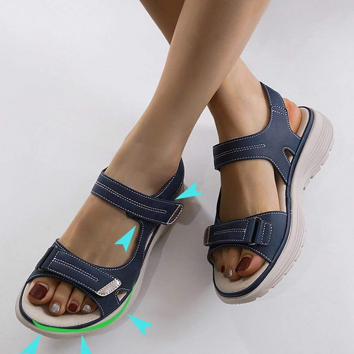 Side view of women's platform comfort sandals with adjustable straps, great for summer and wide fit.