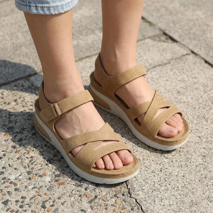 Women's comfort sandals, brown, with arch support and adjustable straps for a secure, custom fit.