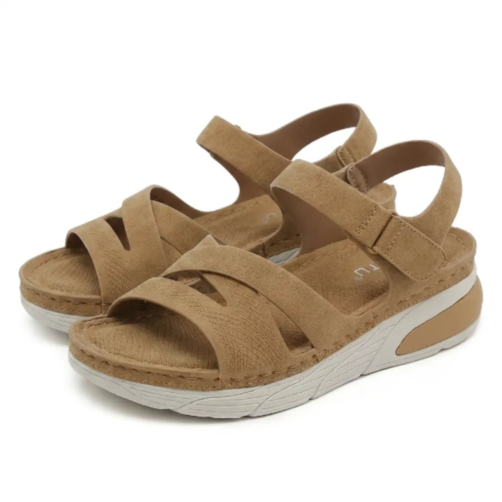 Foot support women's sandals, gray, with orthopedic arch design & easily adjustable straps for walking.