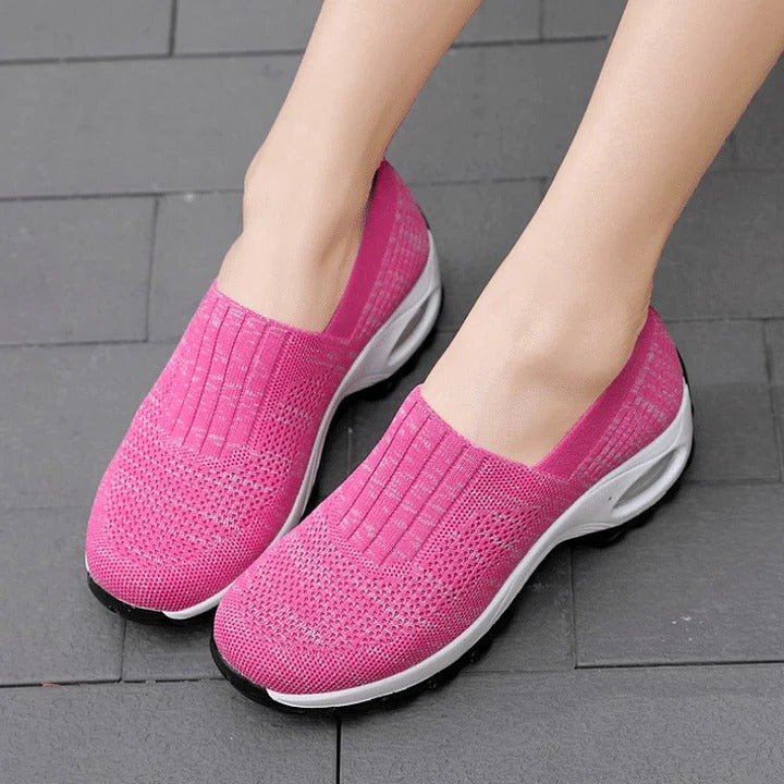 Close-up of women's orthopedic slip-on shoe showing flexible design for easy comfortable wear.