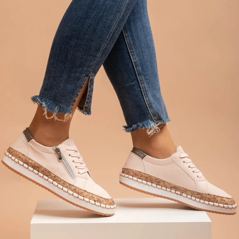 Comfortable women's walking shoes with arch support & easy on/off side zip for foot pain relief.