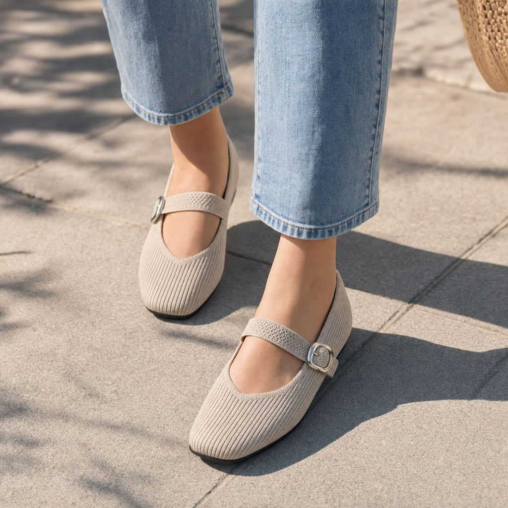 Stylish women's square toe Mary Jane flats with V-cut strap, offering orthopedic comfort.
