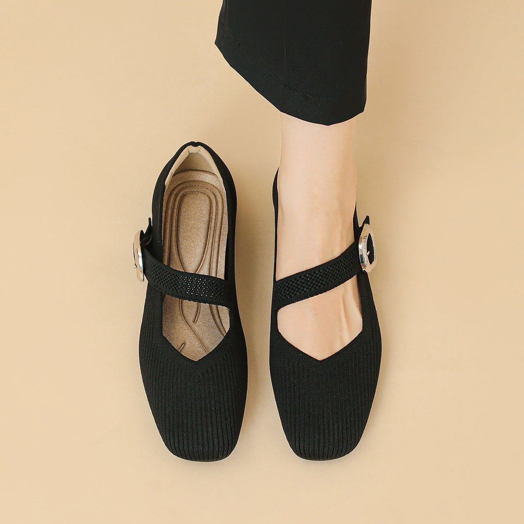 Top view: Women's orthopedic square toe Mary Jane flats, ideal for daily comfort & foot support.