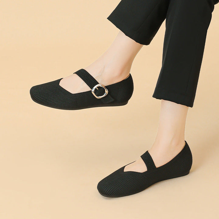 Side view: Women's comfortable square toe Mary Jane flats with orthopedic support and V-cut strap.