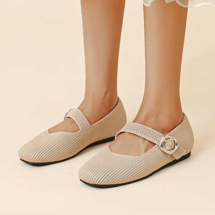 Close-up: V-cut strap on women's stylish square toe Mary Jane flats, providing orthopedic comfort.