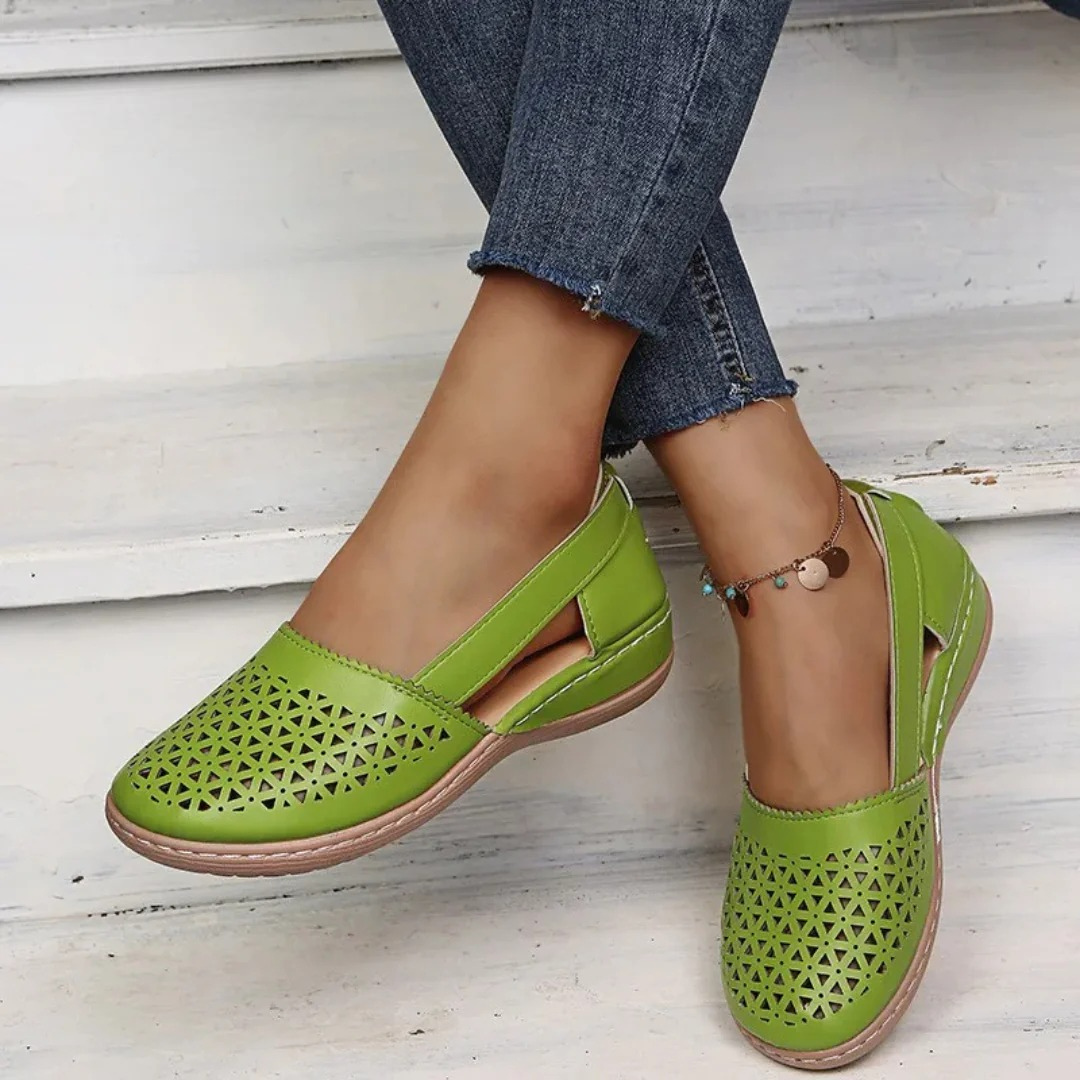 Close-up of breathable cutout design on women's orthopedic summer shoes, providing cool comfort and style.