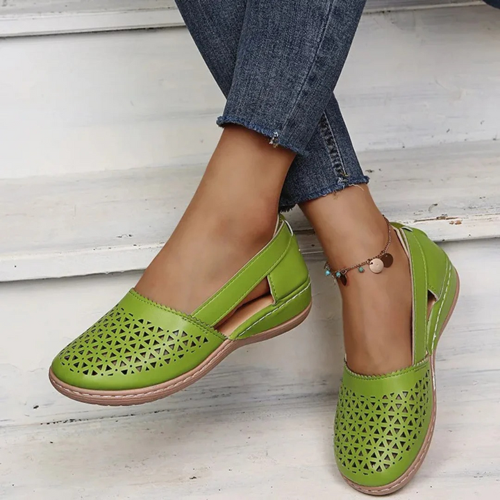 Close-up of breathable cutout design on women's orthopedic summer shoes, providing cool comfort and style.