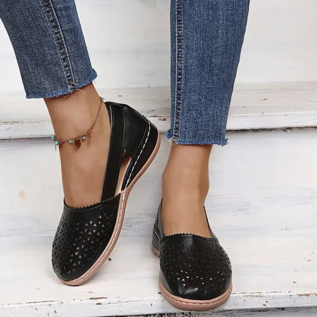 Back view of women's orthopedic summer flats, designed for easy slip-on convenience and ultimate walking comfort.