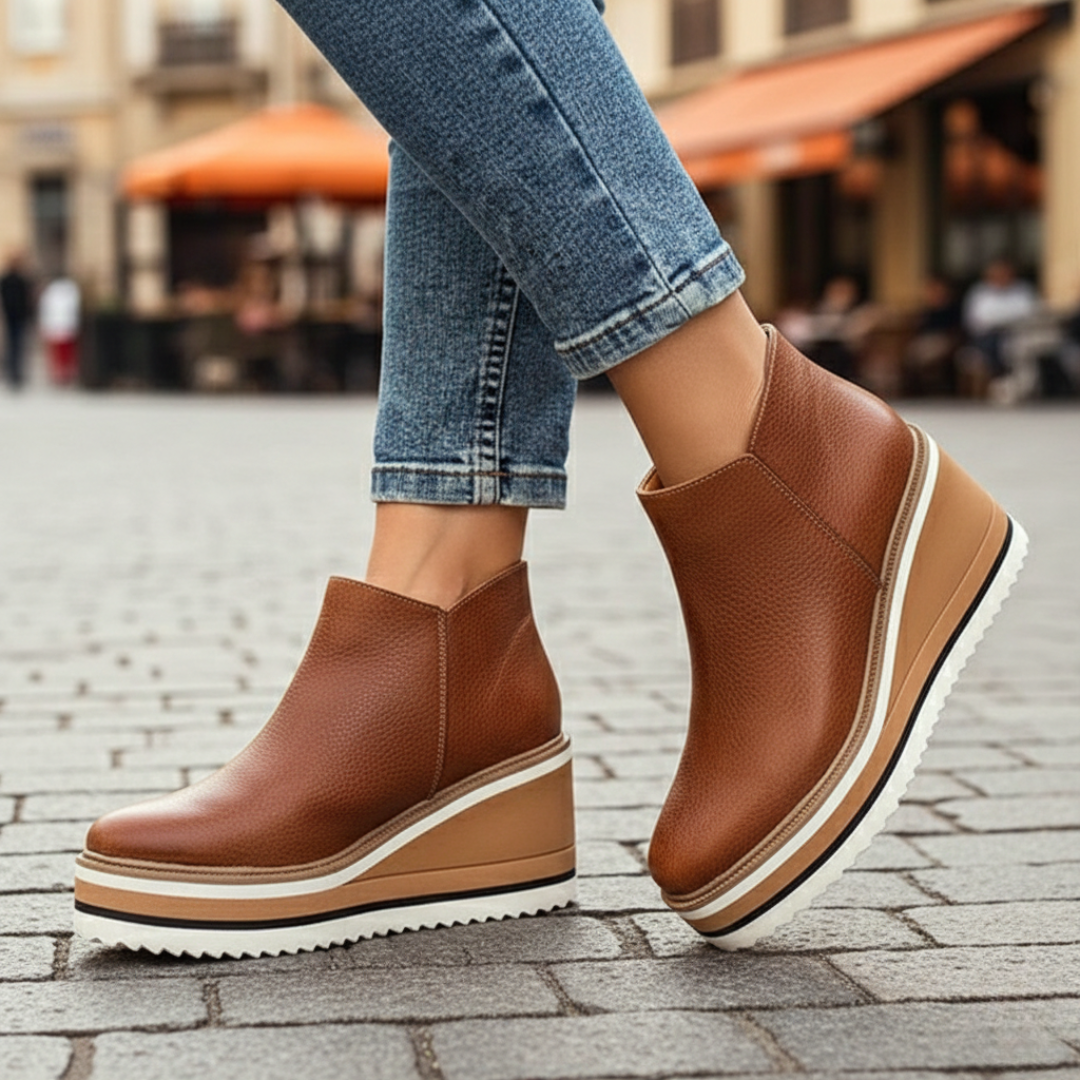 Women's orthopedic wedge heel ankle boots with a round toe and side zipper. Comfortable fall/winter footwear.