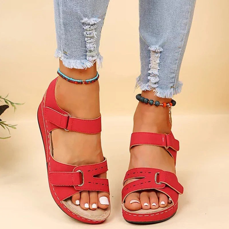 Side view of women's orthopedic wedge sandals, showcasing the comfortable wedge heel & supportive design.