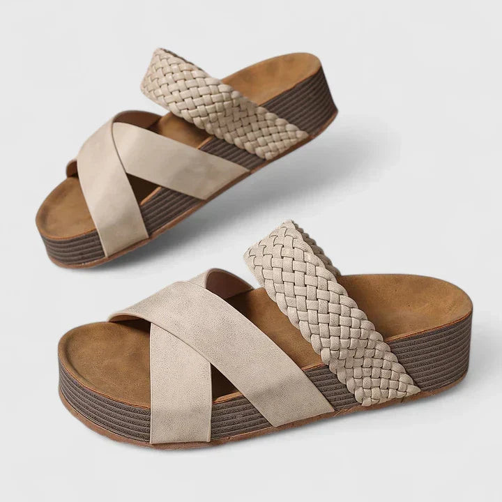 Women's orthopedic wedge sandals with a comfortable woven crossover strap, ideal for summer & resort wear.