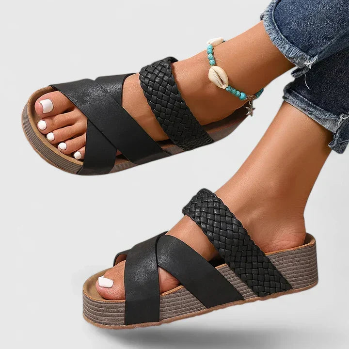Comfortable women's platform wedge sandals with an elegant woven crossover strap, great for resort & summer.