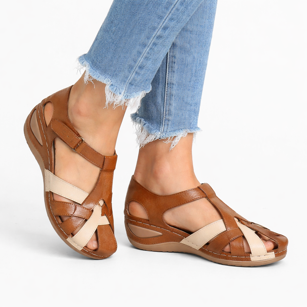 Women's orthopedic wedge sandals with cushioned sole, ideal for summer comfort & daily wear. Fashionable support.