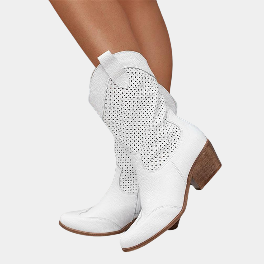 Women's orthopedic western cowboy boots with comfort support. Stylish pull-on design & stacked heel for all-day wear.