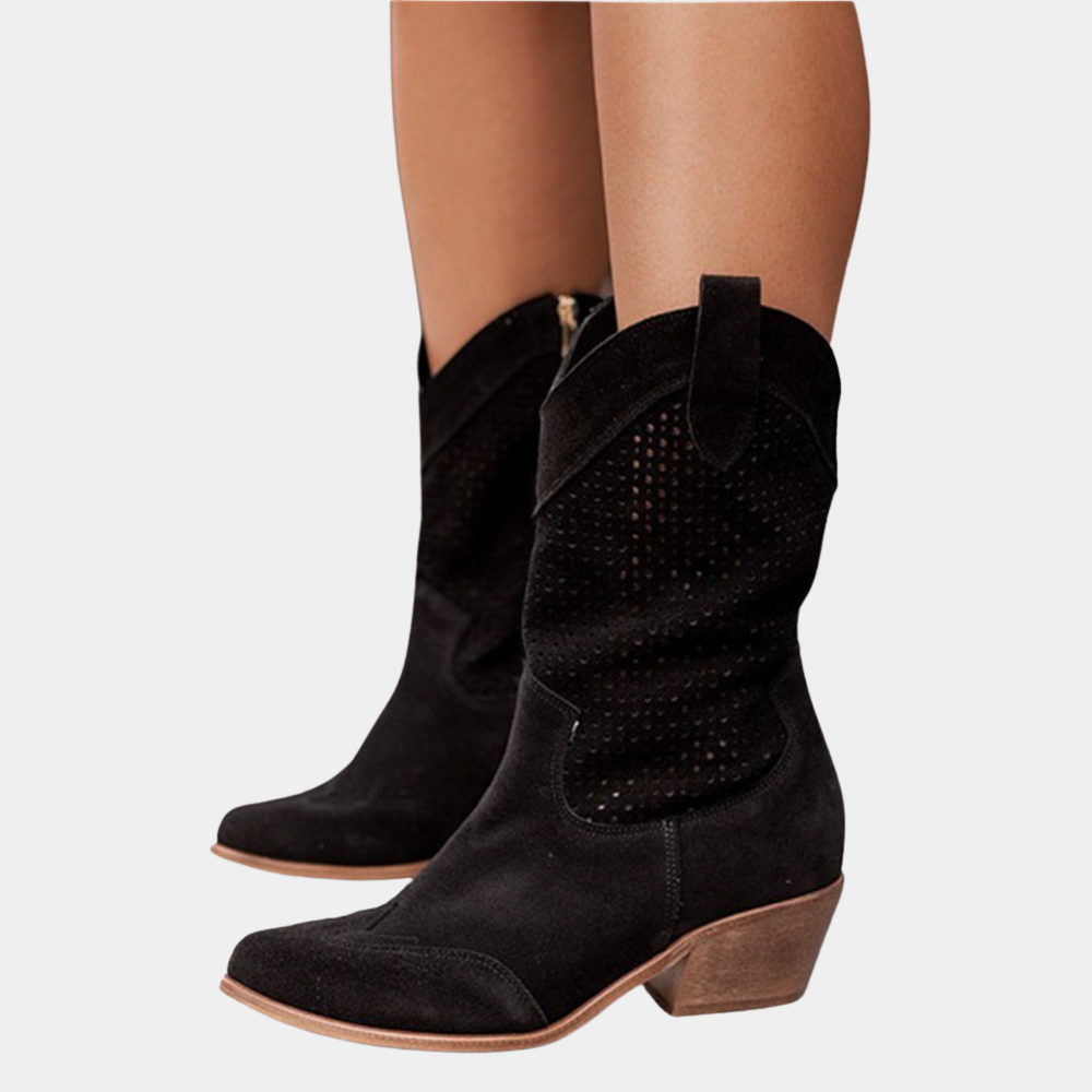 Pull-on women's cowboy boots with orthopedic arch support & a comfortable stacked heel. Western style for all-day wear.