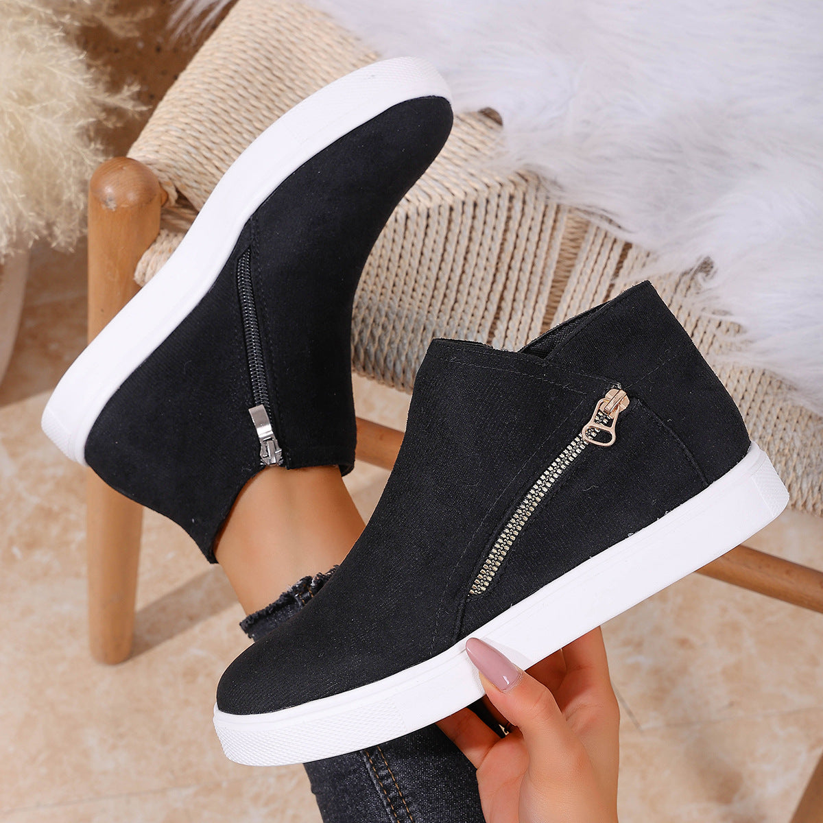 Women's walking sneakers with convenient zip closure, arch support, & shock-absorbing design.
