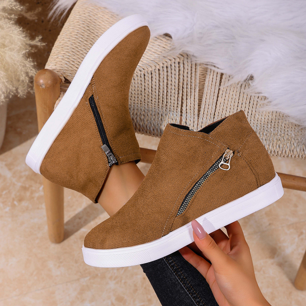 Stylish women's comfort shoes, orthopedic zip sneakers providing arch support & everyday elegance.