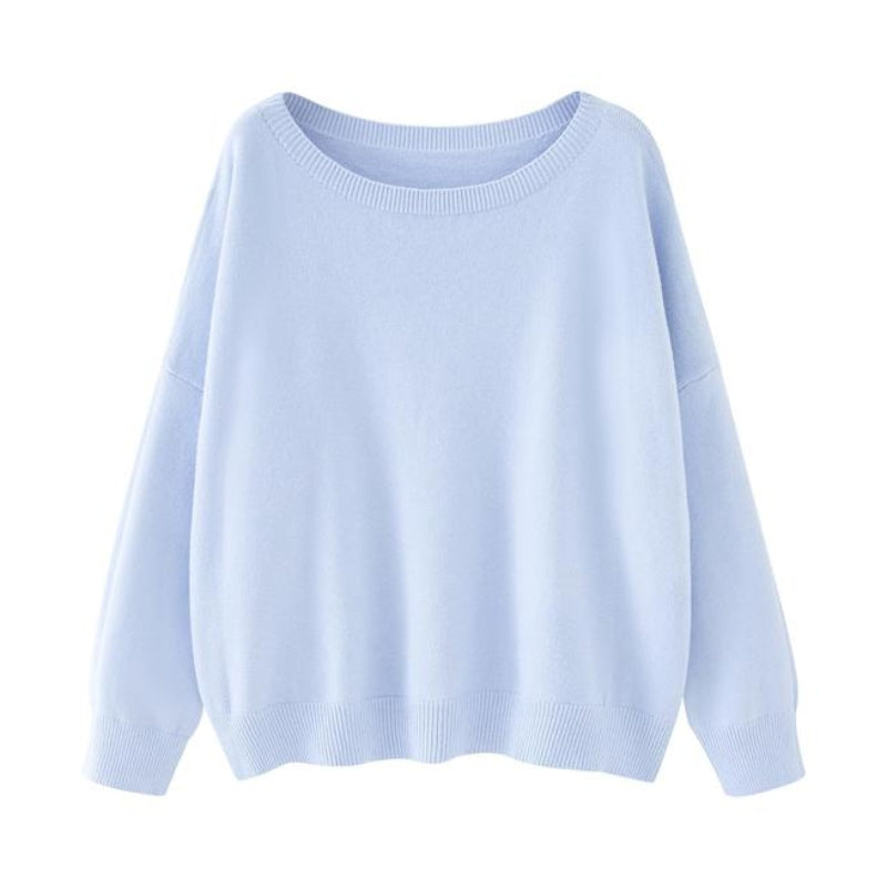 Chic women's Ovelin scoop neck sweater with drop shoulder. Ideal for relaxed fall fashion & winter warmth.