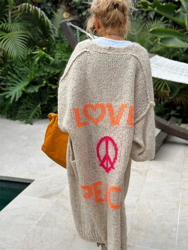 Oversized long bohemian knit cardigan, women's open front, peace love design, relaxed fit.