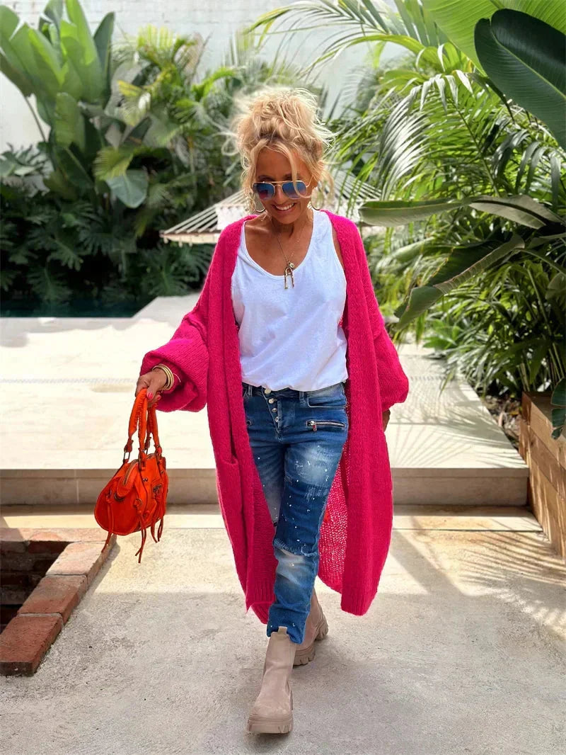 Cozy oversized knit bohemian cardigan, women's open-front with peace love art.