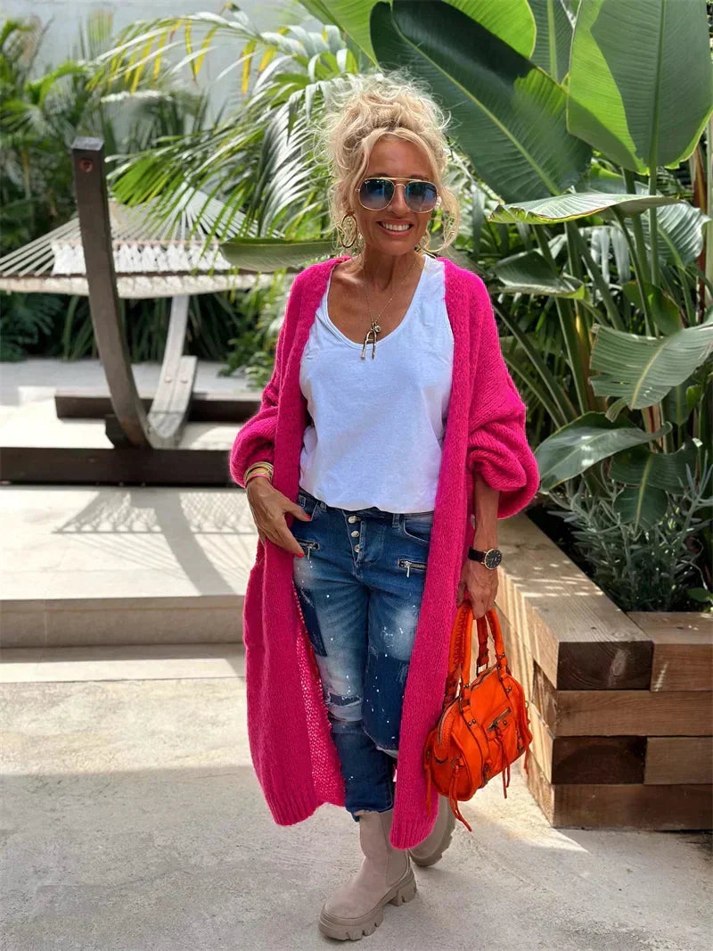 Statement oversized bohemian cardigan, women's long knit perfect for layering, peace love.