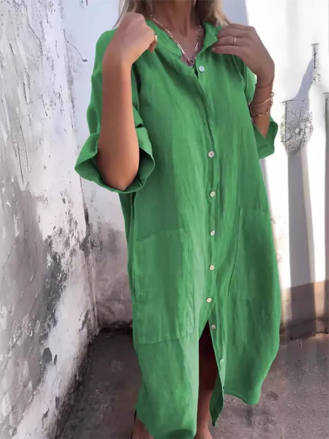 Stylish women's summer oversized midi shirt dress, button-down front, with pockets. Great as a beach cover-up.