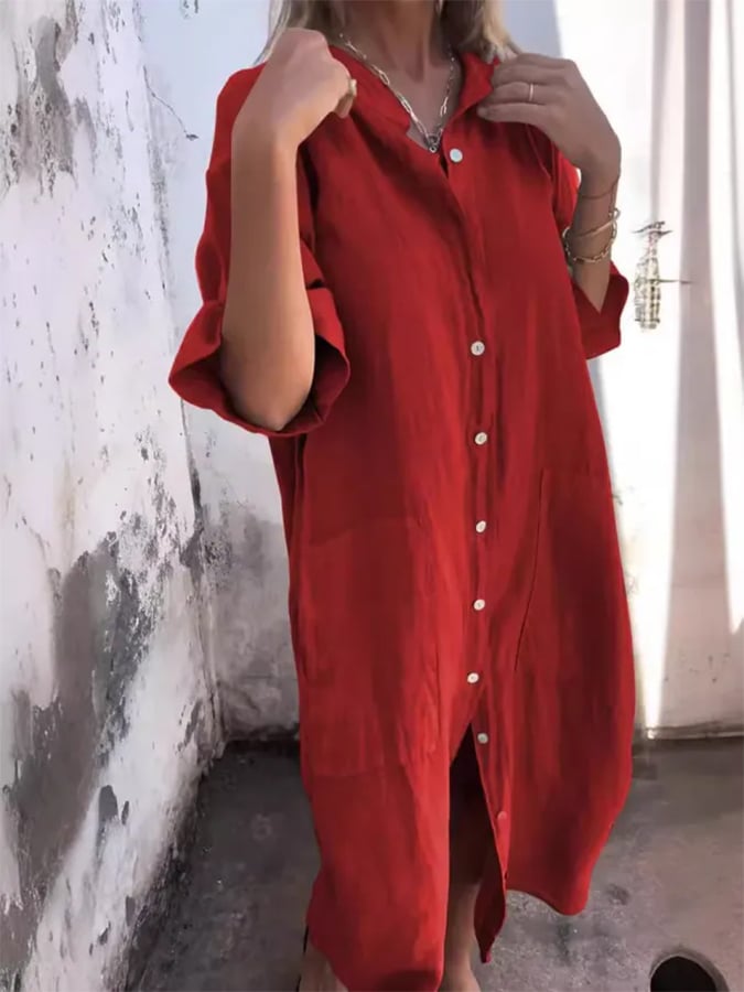 Relaxed fit women's oversized button-down shirt dress with pockets. Perfect casual midi dress for summer days.