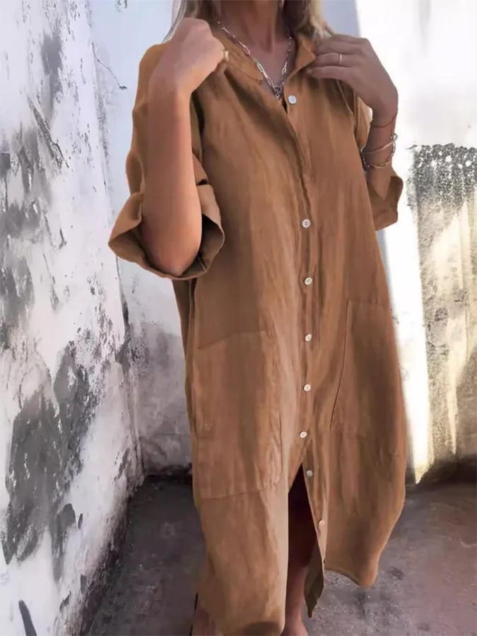 Flowy oversized women's button-down midi shirt dress with useful pockets. Chic & casual summer dress.