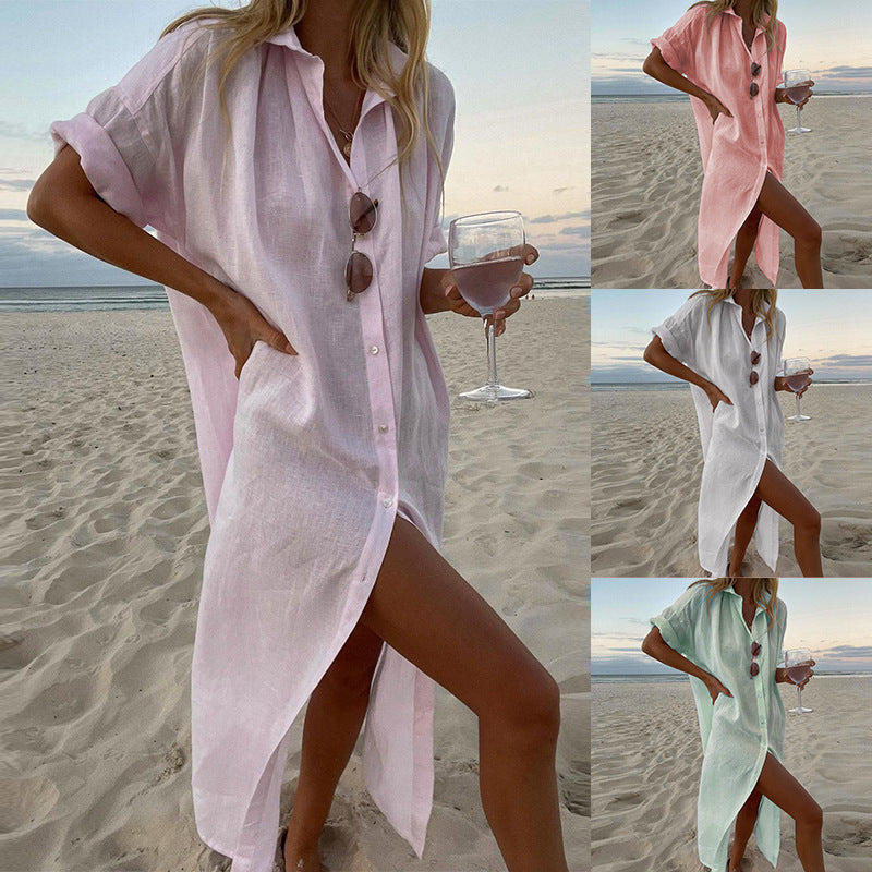 Women's oversized button-down roll-sleeve beach shirt dress, perfect as a stylish summer cover-up or casual dress.