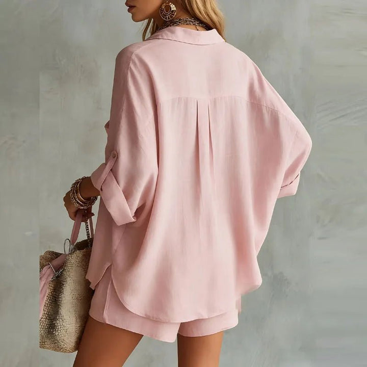 Oversized button down shirt & shorts co-ord set for women. Perfect summer fashion & beach cover-up.