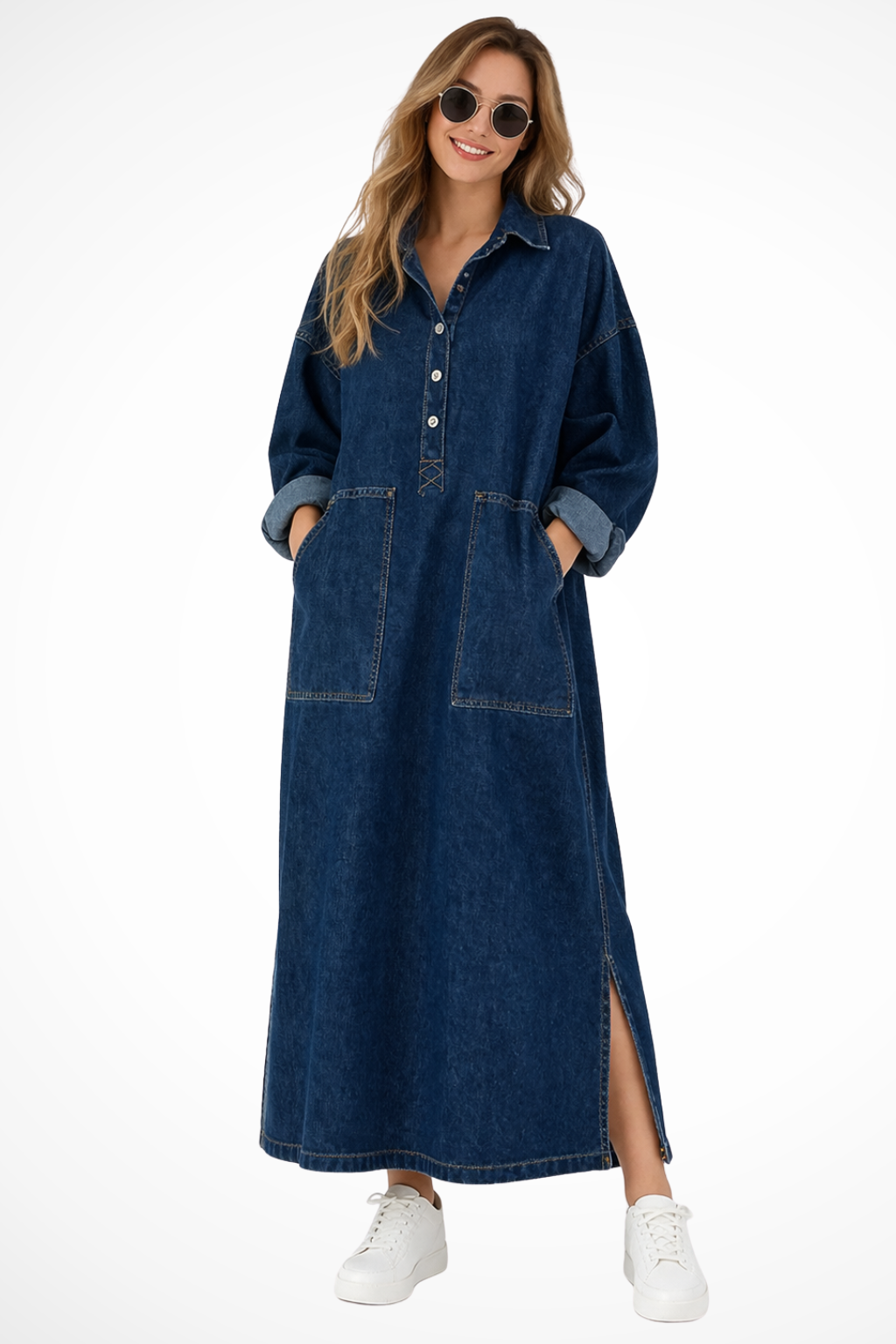 Women's oversized button-front maxi shirt dress. Relaxed fit, long sleeves, and practical pockets for casual everyday wear.