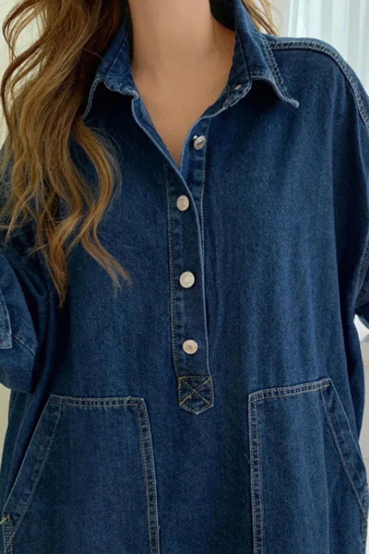 Flowy women's oversized maxi shirt dress with full button-front and handy pockets. A chic long casual dress for any season.